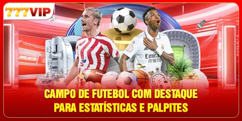 Campo de futebol com destaque para estatísticas e palpites